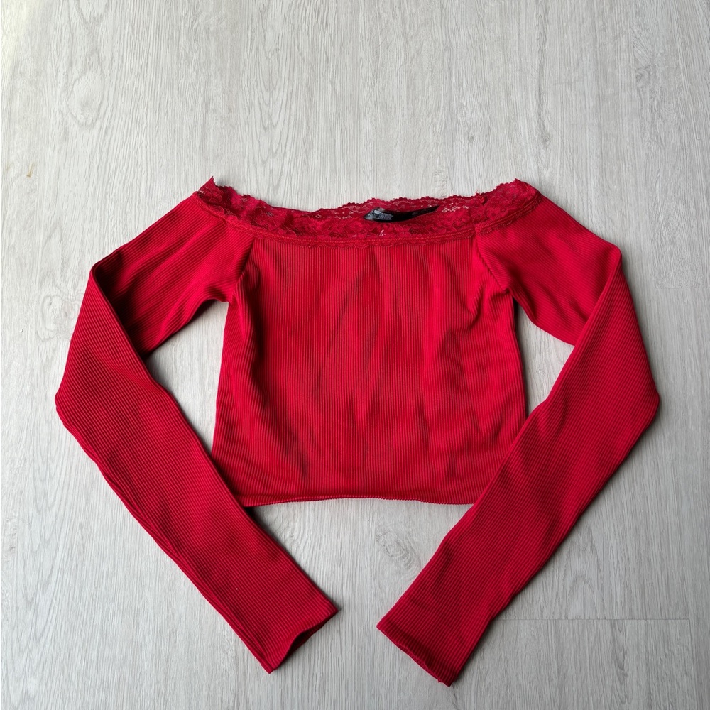 Red Off-Shoulder Long Sleeve Top